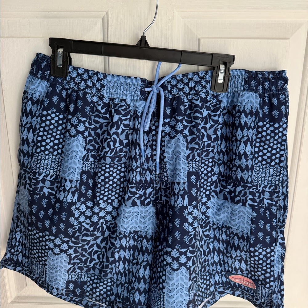 VineMen's Navy & Light Blue Patchwork Swim Trunks